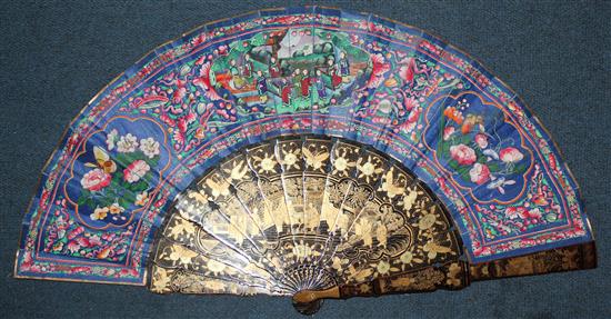 Two Chinese cased fans, 19th century, 20.5cm, both with gilt decorated black lacquer boxes